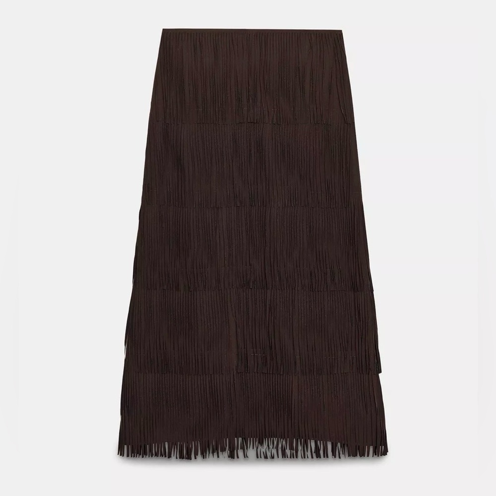NWT • Zara Brown Fringe Midi Skirt - Picture 8 of 8